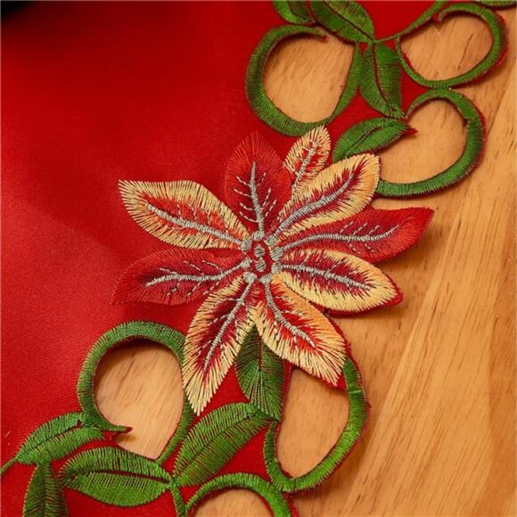 Christmas embroidered table runner red poinsettia green leaves holiday decor 69 - Picture 7 of 8